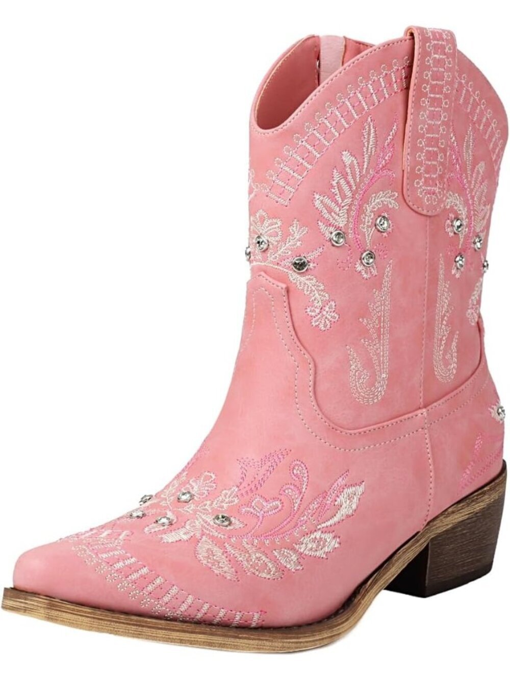 Women's Pink Polyurethane Pointed Toe Cowgirl Sparkly Rhinestone Fashion Boot